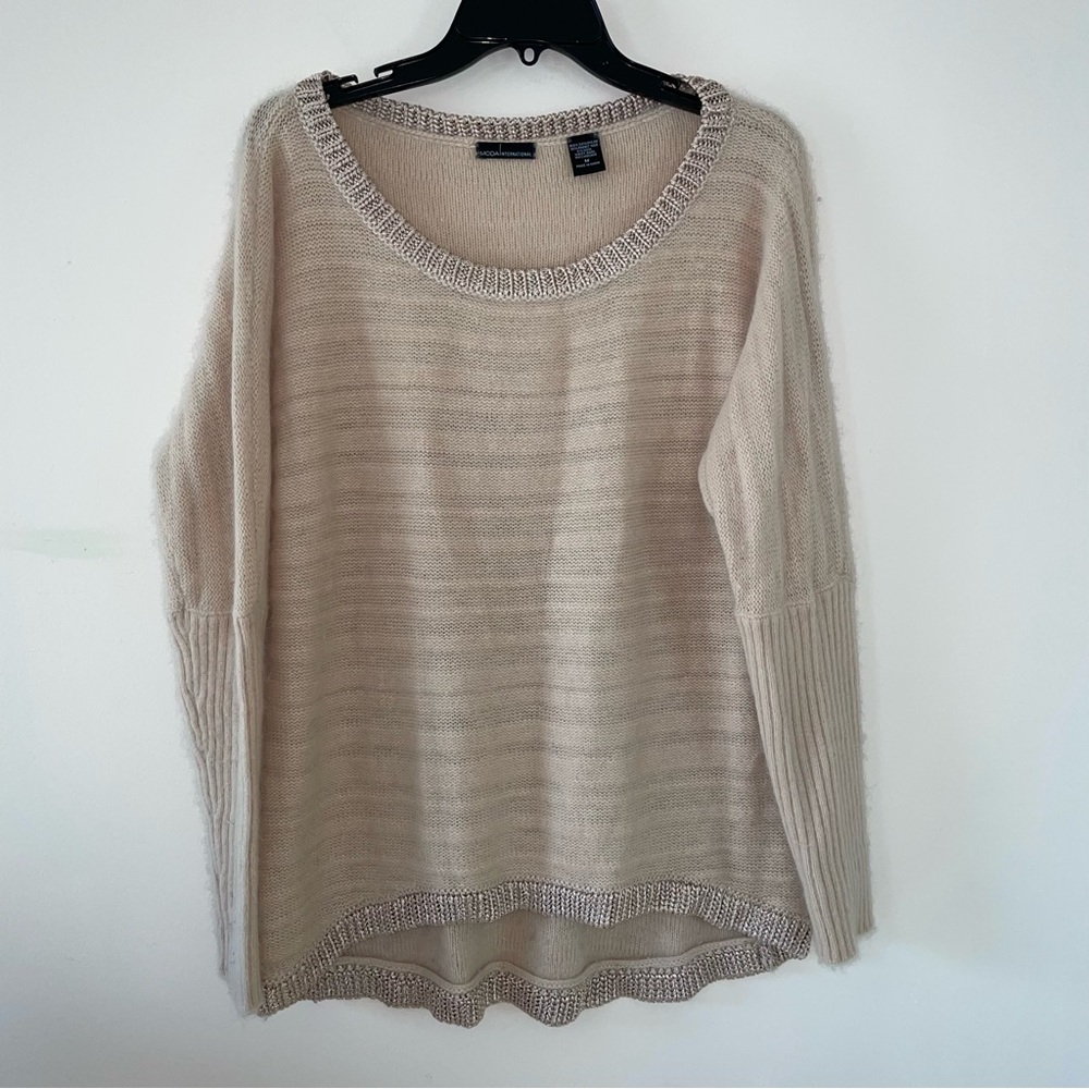 Moda International Rabbit Hair and Wool Blend Crew Neck Sweater Crochet Trim